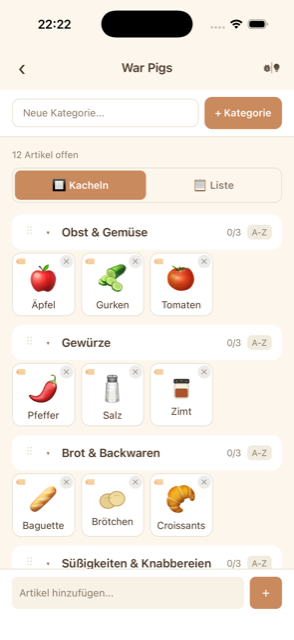 Screenshot einer Einkaufsliste in Liste, kategorisiert mit Icons