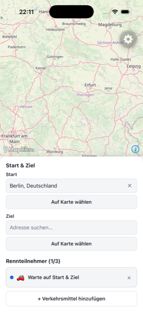 Screenshot der Start- und Ziel-Eingabe in TripDuel mit echter Karte